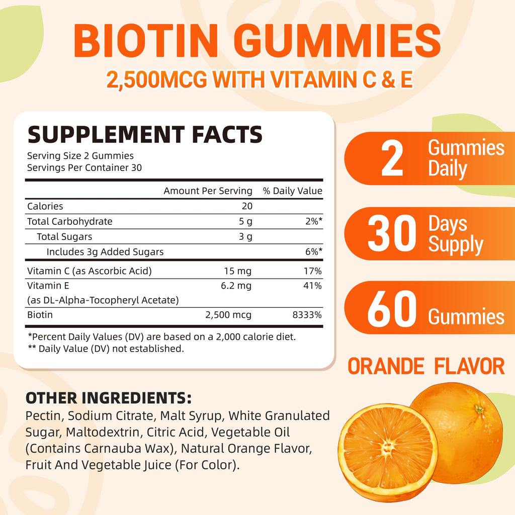 I Love Health Biotin Gummies for Hair, Skin & Nails - 2500mcg Biotin with Vitamin C & E - Natural Orange Flavor, 60 Gummies (30 Servings) - Gluten-Free, Vegan, CGMP Certified, Made in USA, 3rd Party Lab Tested