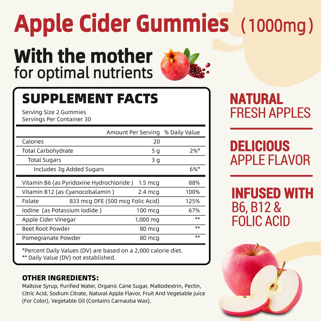 I Love Health Nature Fresh Apple Cider Vinegar Gummies - 60 Count | 1000mg ACV with Vitamin B6, B12, Folic Acid, Beetroot & Pomegranate | Gluten-Free, Vegan, Non-GMO | Low-Calorie, Delicious Apple Flavor