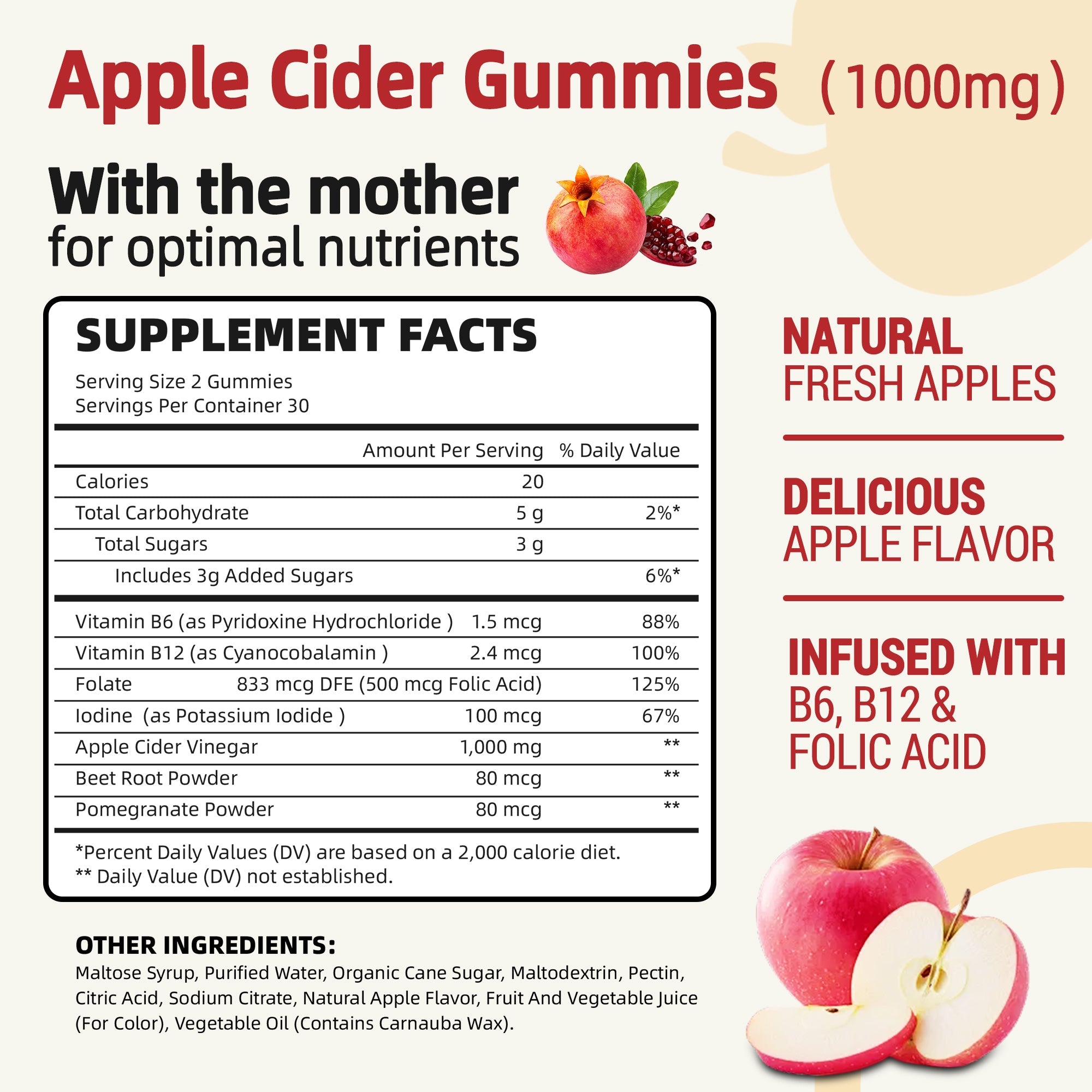 I Love Health Nature Fresh Apple Cider Vinegar Gummies - 60 Count | 1000mg ACV with Vitamin B6, B12, Folic Acid, Beetroot & Pomegranate | Gluten-Free, Vegan, Non-GMO | Low-Calorie, Delicious Apple Flavor