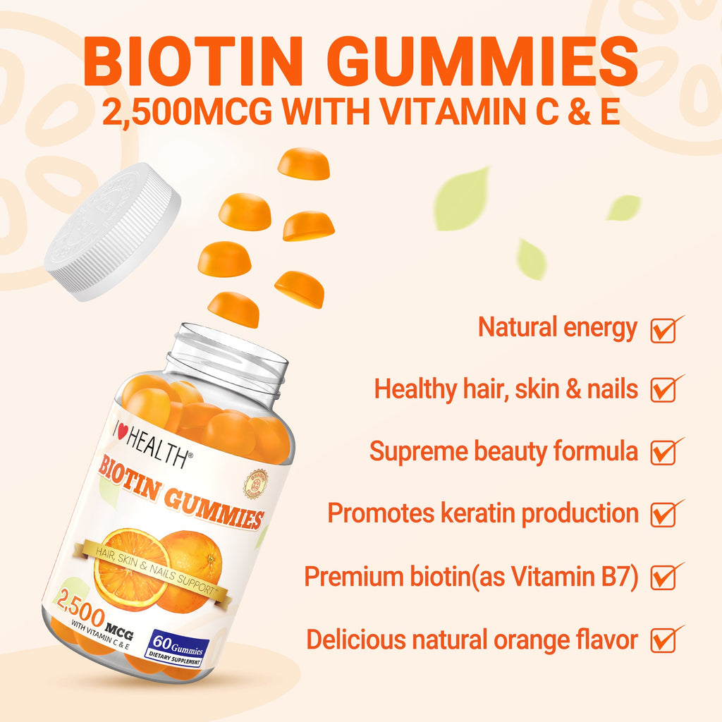 I Love Health Biotin Gummies for Hair, Skin & Nails - 2500mcg Biotin with Vitamin C & E - Natural Orange Flavor, 60 Gummies (30 Servings) - Gluten-Free, Vegan, CGMP Certified, Made in USA, 3rd Party Lab Tested