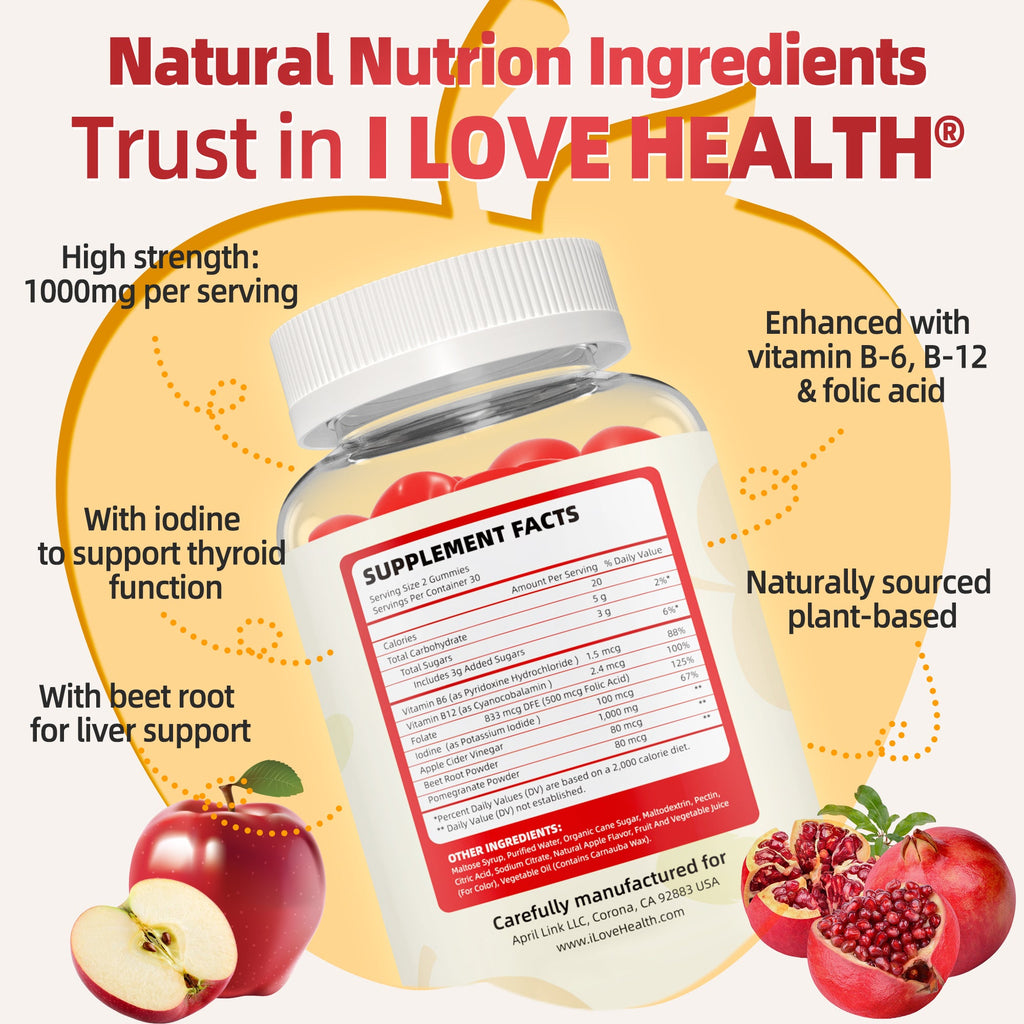 I Love Health Nature Fresh Apple Cider Vinegar Gummies - 60 Count | 1000mg ACV with Vitamin B6, B12, Folic Acid, Beetroot & Pomegranate | Gluten-Free, Vegan, Non-GMO | Low-Calorie, Delicious Apple Flavor