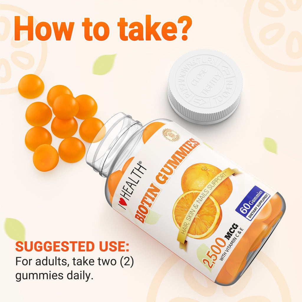 I Love Health Biotin Gummies for Hair, Skin & Nails - 2500mcg Biotin with Vitamin C & E - Natural Orange Flavor, 60 Gummies (30 Servings) - Gluten-Free, Vegan, CGMP Certified, Made in USA, 3rd Party Lab Tested