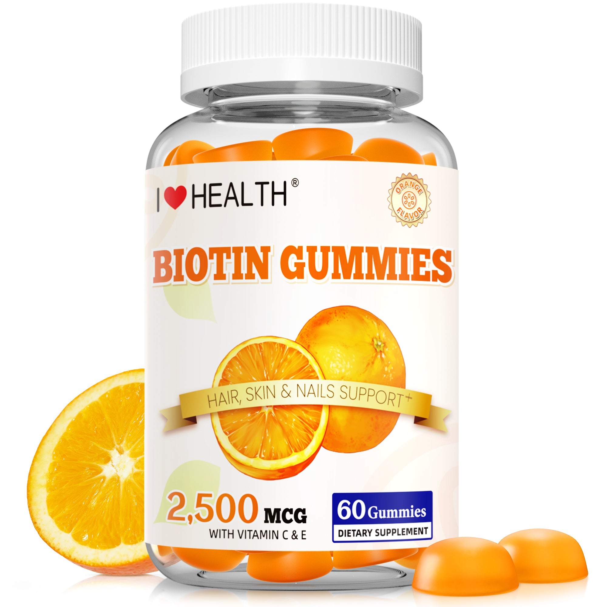 I Love Health Biotin Gummies for Hair, Skin & Nails - 2500mcg Biotin with Vitamin C & E - Natural Orange Flavor, 60 Gummies (30 Servings) - Gluten-Free, Vegan, CGMP Certified, Made in USA, 3rd Party Lab Tested