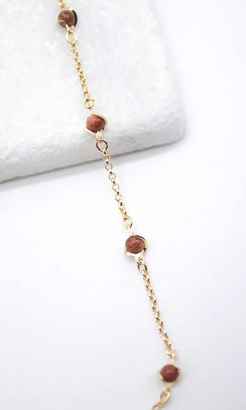 18K Gold Filled 5mm Designed Brown aventurine Bead Necklace (F221)-0